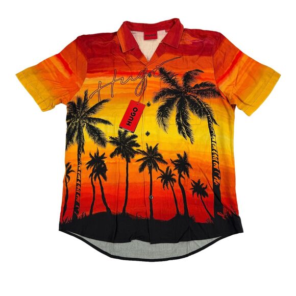 Hugo Boss Mens Ellino Relaxed Fit Sunset Short Sleeve Button Down Shirt Red S - Picture 1 of 4